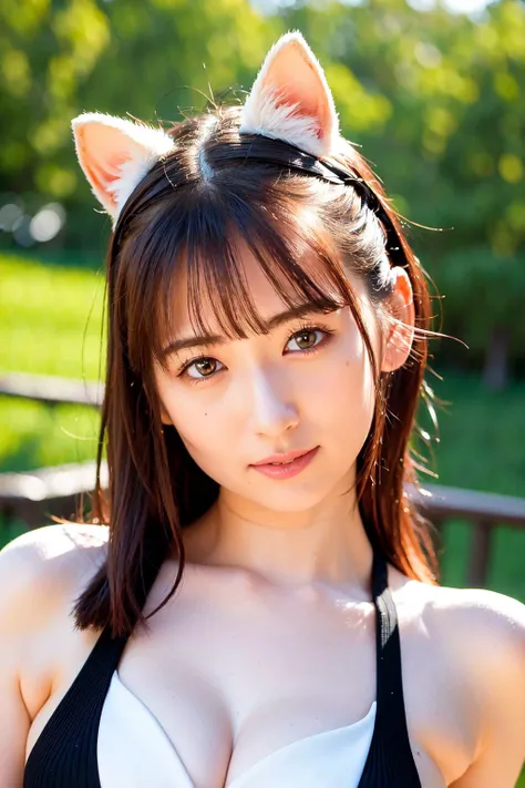 Top Quality, Face Focus, Soft Light, (Depth of Field), Ultra High Resolution, (Photorealistic: 1.4), RAW Photo, (Portrait: 1.4), (Front View), 1 Japanese girl, solo, cute, (horse ears:1.2),(shy, smile:1.1), (brown hair:1.1),(brown eyes), more beautiful face, (midi_hair),loli