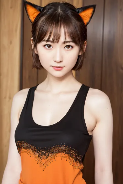 <lora:suehiro_v1:0.6>, suehiro 25 years old , pale skin, slim, cute face, brown eyes, ((orange black tank top)), brown hair, short bob, cat ears,
(detailed eyes features:1.2), (detailed face features:1.2), full body, portrait shot, smile, look at camera, natural breasts, (from side:1.5),
morning, in the farm,
extreme realistic, depth of field, natural lighting, 8k, post-processing, ultra high res, (photorealistic:1.6), (masterpiece:1.3), (RAW photo:1.2), Fujifilm XT3, DSLR, <lora:Arknights-Texas the Omertosa:0.25>