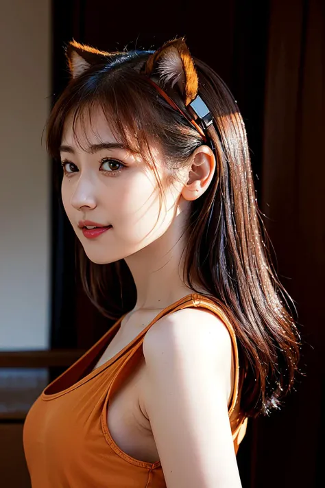 <lora:suehiro_v1:0.9>, suehiro 25 years old , pale skin, slim, cute face, brown eyes, ((orange tank top)), brown hair, long hair, cat ears,
(detailed eyes features:1.2), (detailed face features:1.2), full body, portrait shot, smile, look at camera, natural breasts, (from side:1.5),
morning, in the farm,
extreme realistic, depth of field, natural lighting, 8k, post-processing, ultra high res, (photorealistic:1.6), (masterpiece:1.3), (RAW photo:1.2), Fujifilm XT3, DSLR, <lora:Arknights-Texas the Omertosa:0.25>