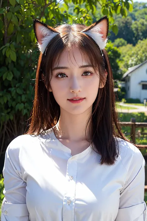 <lora:suehiro_v1:0.8>, suehiro 25 years old , pale skin, slim, cute face, brown eyes, ((white sleeve shirt)), cat ears,
(detailed eyes features:1.2), (detailed face features:1.2), full body, portrait shot, smile, look at camera, natural breasts,
morning, in the farm,
extreme realistic, depth of field, natural lighting, 8k, post-processing, ultra high res, (photorealistic:1.6), (masterpiece:1.3), (RAW photo:1.2), Fujifilm XT3, DSLR, <lora:Arknights-Texas the Omertosa:0.25>