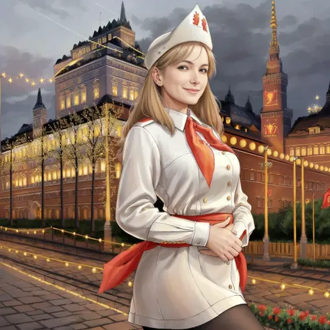 masterpiece, best quality,smiling mature european woman, soviet pioneer, soviet flag, soviet, sopi <lora:sovietPioneers_sopiV10:1.2> at night lewd,realistic scene,