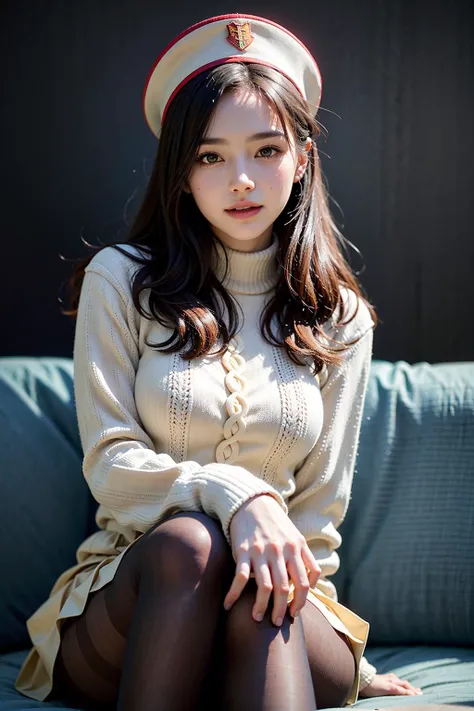 (masterpiece), best quality, ultra high res, close up, sexy sitting cross leg pose, slim body, soviet style, 1girl, (pantyhose, white pleated skirt, soviet uniform sweater),long hair, sopi, laughing, photon mapping, radiosity, physically-based rendering, cinematic lighting, intricate, High Detail, Sharp focus, dramatic, photorealistic