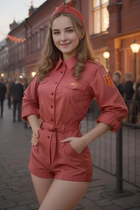 <lora:DDCrossedLegs_ddcV2:0.5> standing, masterpiece, best quality, standing smiling european 20 year old woman in pantsuit, soviet pioneer , soviet flag, soviet, sopi <lora:sovietPioneers_sopiV10:0.8> at night ,realistic scene, detailed hands, placed on hip