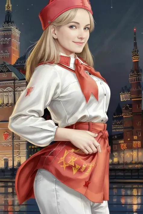 masterpiece, best quality,smiling mature european woman, soviet pioneer, soviet flag, soviet, sopi <lora:sovietPioneers_sopiV10:1.2> at night lewd,realistic scene,