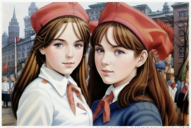 (Digital Artwork:1.3) of (Ultra detailed:1.3) <lora:sovietPioneers_sopiV10:1.3>, soviet pioneer, soviet, sopi, 2girl, redhead, skinny, beautiful face, detailed face, round pupils, detailed eyes,,CGSociety,ArtStation,(70s Art:1.3),(60s Art:1.3),(50s Art:1.3),(Electric Colors:1.3),propaganda poster,soviet poster,sovietwave