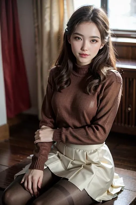 (masterpiece), best quality, ultra high res, close up, sexy sitting cross leg pose, slim body, soviet style, 1girl, (pantyhose, white pleated skirt, soviet uniform sweater),long hair, sopi, laughing, photon mapping, radiosity, physically-based rendering, cinematic lighting, intricate, High Detail, Sharp focus, dramatic, photorealistic<lora:sopi:0.65>