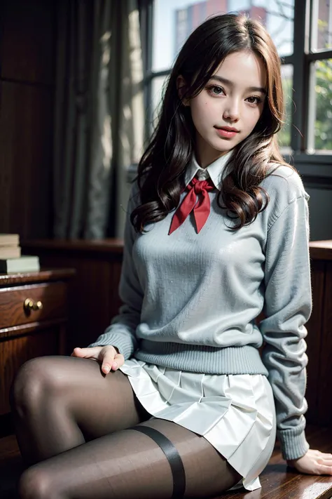 (masterpiece), best quality, ultra high res, close up, sexy sitting cross leg pose, slim body, soviet style, 1girl, (pantyhose, white pleated skirt, soviet uniform sweater),long hair, sopi, laughing, photon mapping, radiosity, physically-based rendering, cinematic lighting,intricate,High Detail,Sharp focus,dramatic<lora:sopi:0.65>