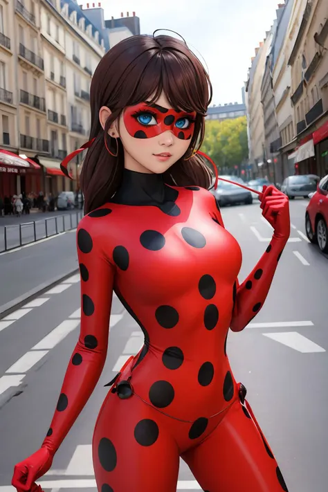 masterpiece, best quality, 1girl, brown hair, blue eyes, ladybug costume, paris background <lora:Ladybug Costume_v1:1>