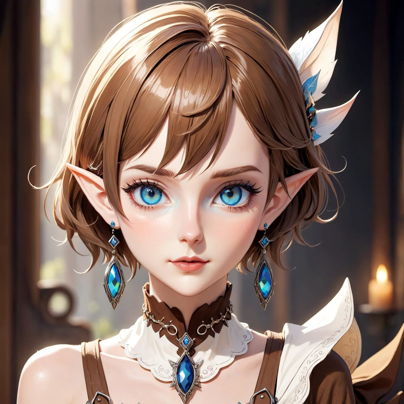 ethereal fantasy concept art of anime artwork beautiful woman,cowboy shot,pixie cut,Warm Brown lipstick,iridescent trim,Blue eyes,eyeshadow,makeup,earrings,hairclip,elf,pointy ears,. anime style . magnificent,