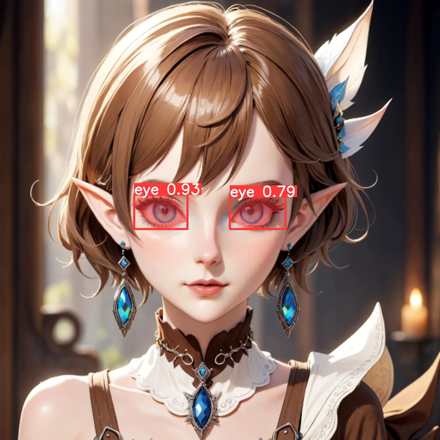 ethereal fantasy concept art of anime artwork beautiful woman,cowboy shot,pixie cut,Warm Brown lipstick,iridescent trim,Blue eyes,eyeshadow,makeup,earrings,hairclip,elf,pointy ears,. anime style . magnificent,