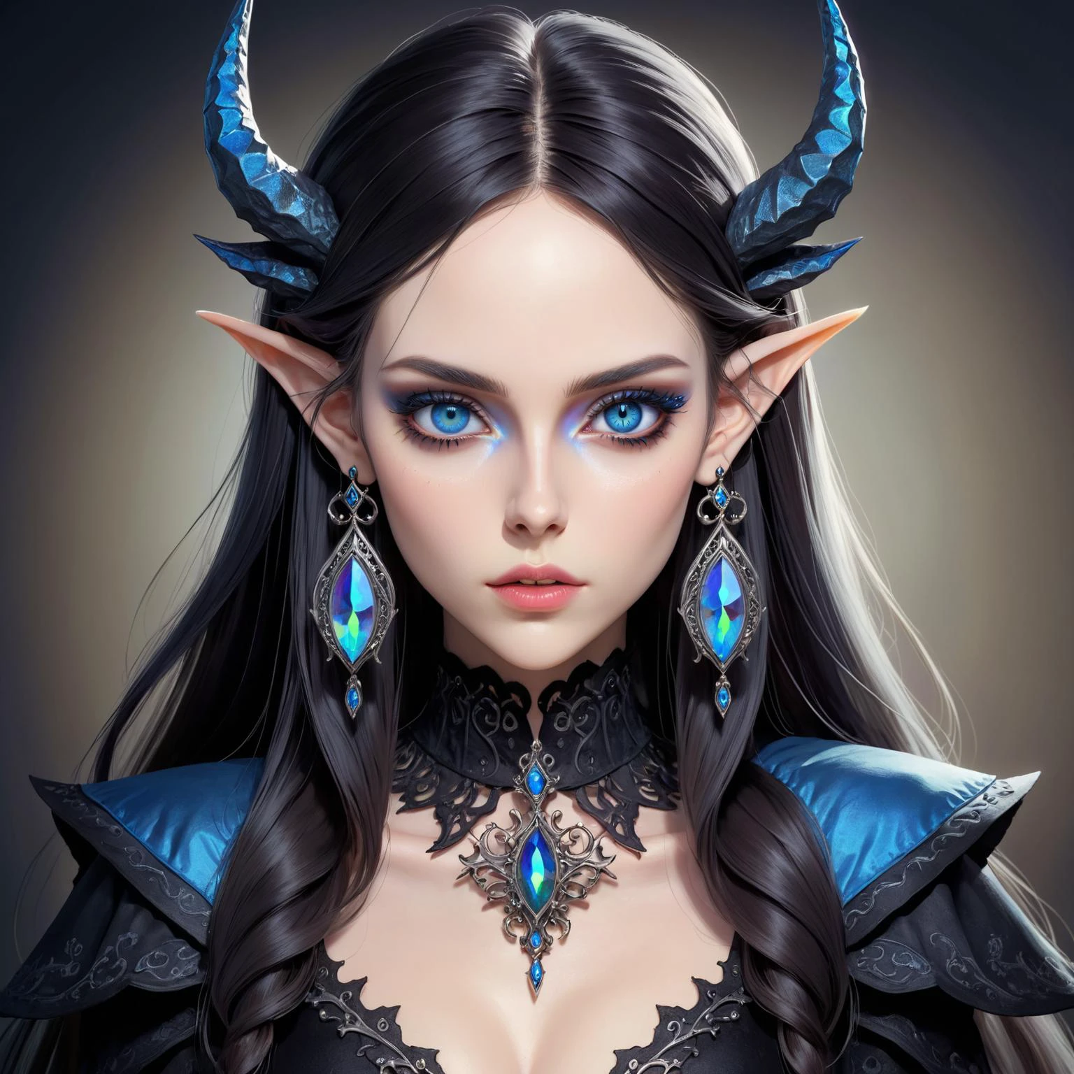 Gothic style ethereal fantasy concept art of beautiful woman,cowboy shot,long hair,heavy makeup,iridescent trim,Blue eyes,eyeshadow,earrings,hairclip,elf,pointy ears . magnificent . Dark