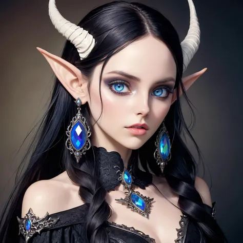 Gothic style ethereal fantasy concept art of  beautiful woman,cowboy shot,long hair,heavy makeup,iridescent trim,Blue eyes,eyeshadow,earrings,hairclip,elf,pointy ears . magnificent . Dark