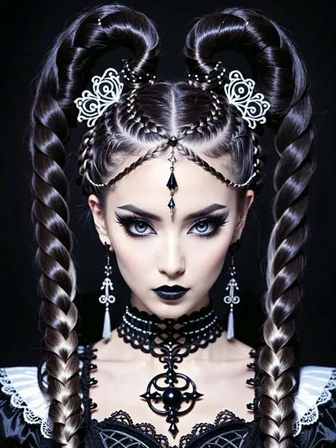 <lora:more_artful-xl:0.1> <lora:lyco-style-envydramaticlightingxl01_digital_art-xl:0.1> <lora:perfect_eyes-xl-by_deizor:0.5> beautiful gothic style woman, solo, braided twintails, drill hair, full body, dark, mysterious, haunting, dramatic, ornate, ultra detailed, symmetrical, perfecteyes