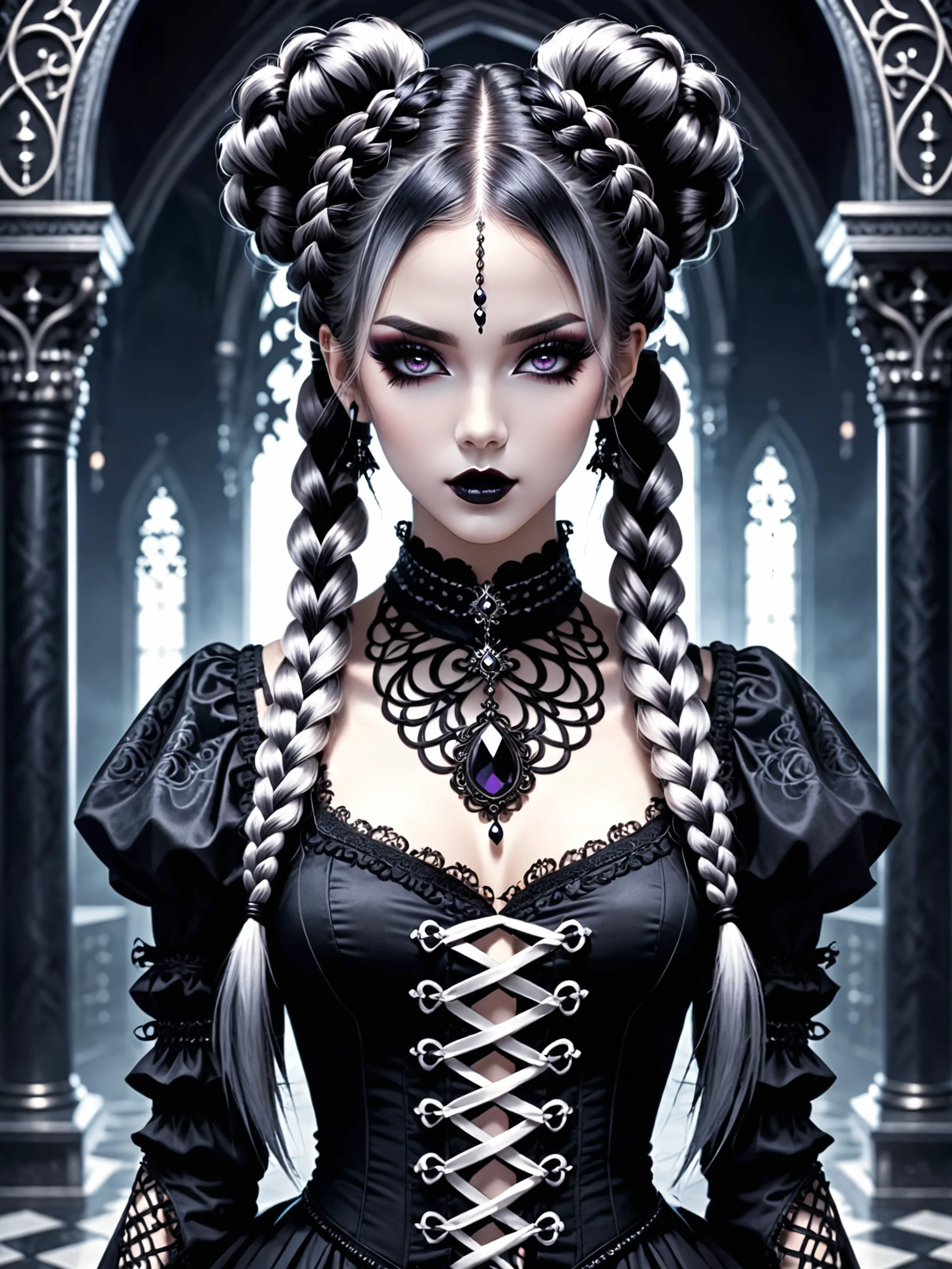 <lora:more_artful-xl:0.1> <lora:lyco-style-envydramaticlightingxl01_digital_art-xl:0.1> beautiful gothic style woman, solo, braided twintails, full body, dark, mysterious, haunting, dramatic, ornate, drill hair, ultra detailed, symmetrical