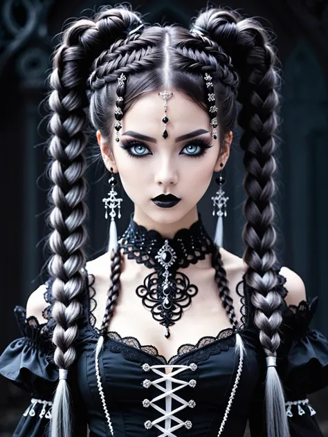 <lora:more_artful-xl:0.1> <lora:lyco-style-envydramaticlightingxl01_digital_art-xl:0.1> <lora:perfect_eyes-xl-by_deizor:0.05> beautiful gothic style woman, solo, braided twintails, full body, dark, mysterious, haunting, dramatic, ornate, drill hair, ultra detailed, symmetrical, perfecteyes