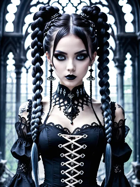 <lora:more_artful-xl:0.1> <lora:lyco-style-envydramaticlightingxl01_digital_art-xl:0.1> <lora:perfect_eyes-xl-by_deizor:0.1> gorgeous gothic style woman, solo, drill hair, braided twintails, full body, dark, mysterious, haunting, dramatic, ornate, ultra detailed, symmetrical, perfecteyes