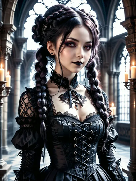 <lora:more_artful-xl:0.4> <lora:lyco-style-envydramaticlightingxl01_digital_art-xl:0.5> upper body view, beautiful young gothic style woman, light smile, gothic architecture background, (very long hair:1.4), big hair, braided twintails hairstyle, thick braids, bangs, ornate attire, front view, dark, mysterious, haunting, victorian dress, detailed lace, accurate lacing, dappled lighting, symmetrical composition, ultra detailed