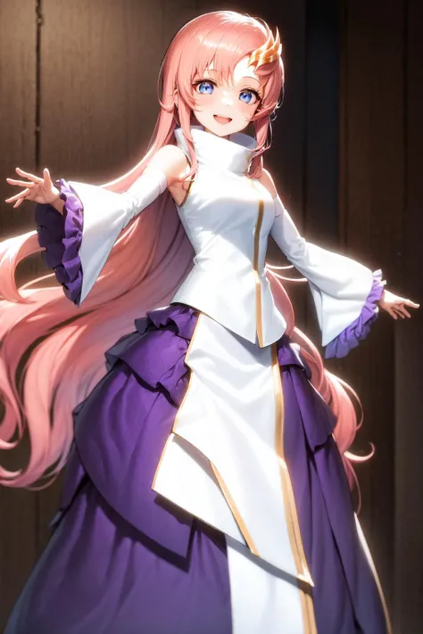 masterpiece, best quality, highres, 1girl lacus clyne pink hair blue eyes, straight hair white sleeves detached sleeves purple skirt purple frills <lora:lacus_clyne_anime_remake_purple_skirt:1> standing, outstretched arms, smile