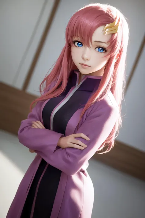 masterpiece, best quality, highres, 1girl lacus clyne blue eyes pink hair, straight hair, <lora:lacus_clyne:1> photorealistic