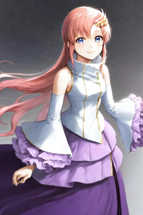masterpiece, best quality, highres, 1girl lacus clyne pink hair blue eyes, straight hair white sleeves detached sleeves purple skirt purple frills <lora:lacus_clyne_anime_remake_purple_skirt:1> standing, smile
