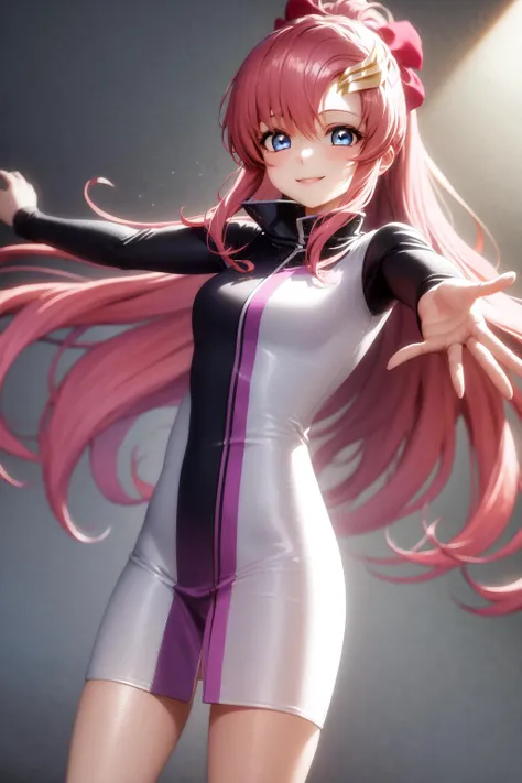 masterpiece, best quality, highres, 1girl lacus clyne blue eyes pink hair, ponytail, <lora:lacus_clyne:1> standing, outstretched arms, smile