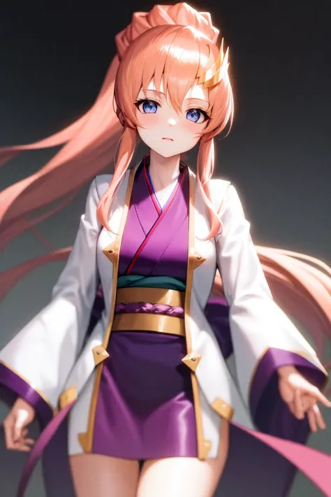 masterpiece, best quality, highres, 1girl lacus clyne pink hair blue eyes, ponytail open clothes vest uniform long sleeves purple sleeves purple kimono japanese clothes <lora:lacus_clyne_anime_remake_white_coat_purple_kimono:1>