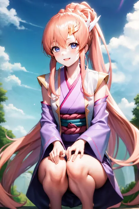 masterpiece, best quality, highres, 1girl lacus clyne pink hair blue eyes, ponytail open clothes vest uniform long sleeves purple sleeves purple kimono japanese clothes <lora:lacus_clyne_anime_remake_white_coat_purple_kimono:1> outdoors, smile, squatting, hand between legs