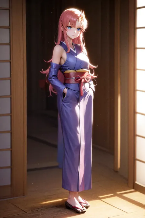 masterpiece, best quality, highres, 1girl lacus clyne blue eyes pink hair, straight hair, <lora:lacus_clyne:1> photorealistic, japanese clothes black kimono detached sleeves, standing, leamning forward, arms behind back, smile