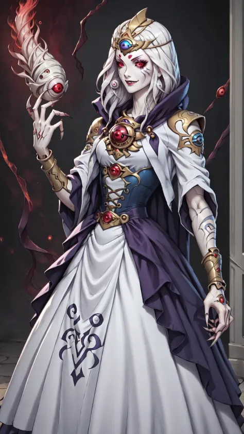 <lora:CassiaPony:0.75> CassiaRT, 1girl, red eyes, white hair, pale skin, solo, third eye, claws, smile, <lora:edgBallgownPonyv1:0.8> ballgown, a woman in a dress posing for a picture, wearing a ballgown