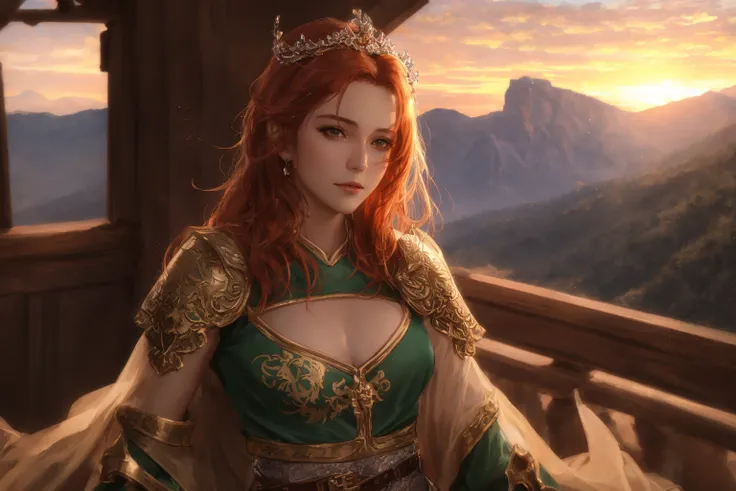 8k,(sexy:1.2), lingerie, portrait of a girl , (ginger hair:1.1), long hair blowing in the wind, green eyes, leaning with upper body on a medieval railing in front, head on hands, small village on a mountain below, (tiara) , longing look, contemplative, shot from below, particle effects, (sunset), medium breasts, Albert Lynch, J. C. Leyendecker, Ruan Jia, Gaston Bussiere, Alexandre Cabanel, WLOP, Masterpiece, volumetric lighting, hd, (chromatic aberration), detailed pupils, dual tone, fov, ((realistic)), (wlop), cowboy shot, (intricate), contrast, vivid colors, leaning forwards, mountains in background, (sunset:1.2), nude, (wlop, nixeu)