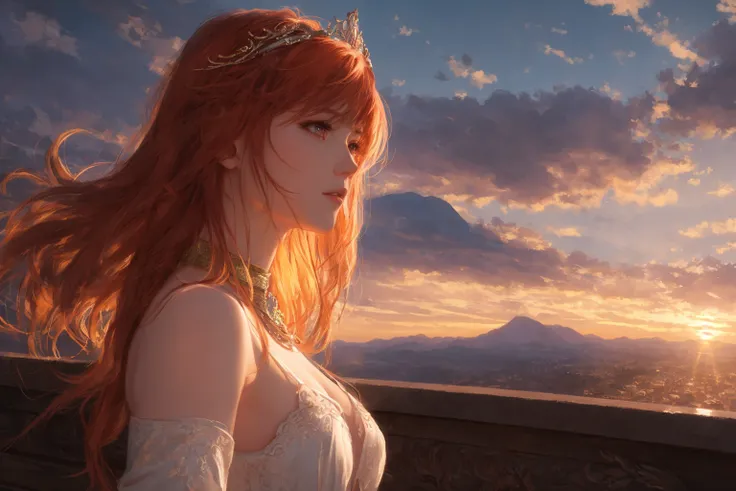 8k,(sexy:1.2), lingerie, portrait of a girl , (ginger hair:1.1), long hair blowing in the wind, green eyes, leaning with upper body on a medieval railing in front, head on hands, small village on a mountain below, (tiara) , longing look, contemplative, shot from below, particle effects, (sunset),  medium breasts, Albert Lynch, J. C. Leyendecker, Ruan Jia, Gaston Bussiere, Alexandre Cabanel, WLOP, Masterpiece, volumetric lighting, hd, (chromatic aberration), detailed pupils, dual tone, fov, ((realistic)), (wlop), cowboy shot, (intricate), contrast, vivid colors, leaning forwards, mountains in background, (sunset:1.2), nude, (wlop, nixeu)