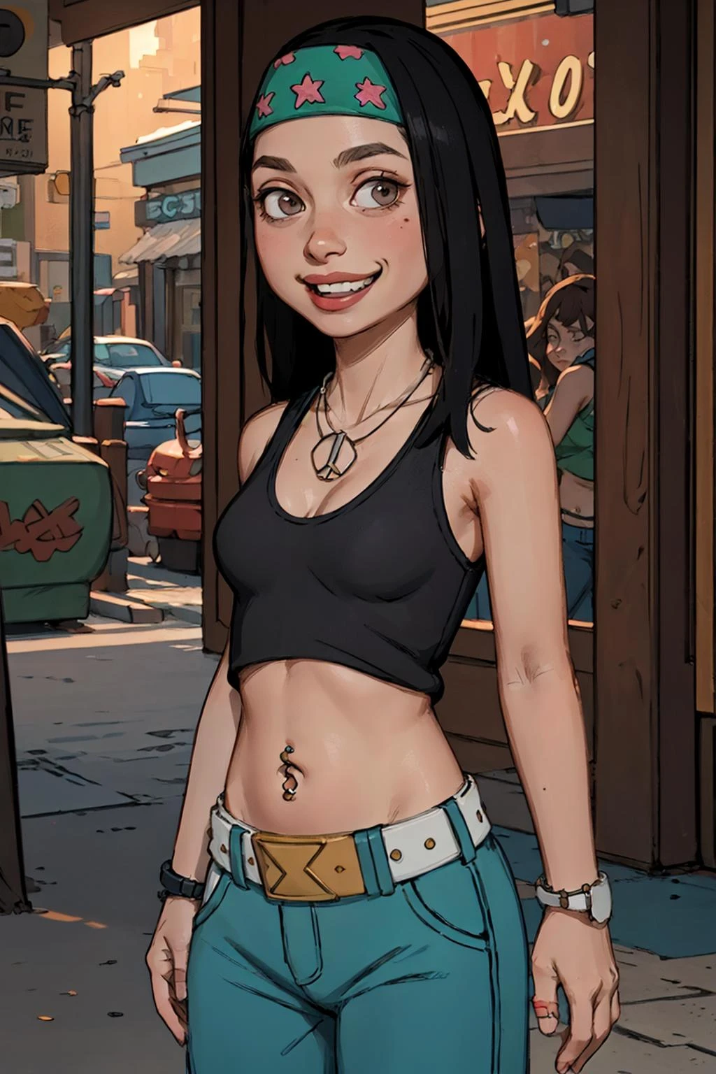 hayley, 1girl, black hair, long hair, solo, necklace, jewelry, tank top, headband, midriff, pants, sandals, belt, navel piercing,looking at viewer, smile, cowboy shot, <lora:Hayley1.0-000008:0.6>