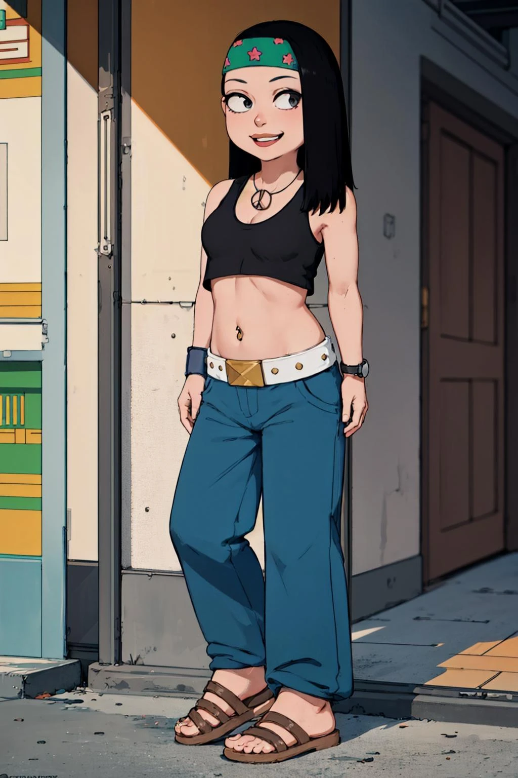 hayley, 1girl, black hair, long hair, solo, necklace, jewelry, tank top, headband, midriff, pants, sandals, belt, navel piercing,looking at viewer, smile, arms behind back, behind back, <lora:Hayley1.0-000008:0.7>