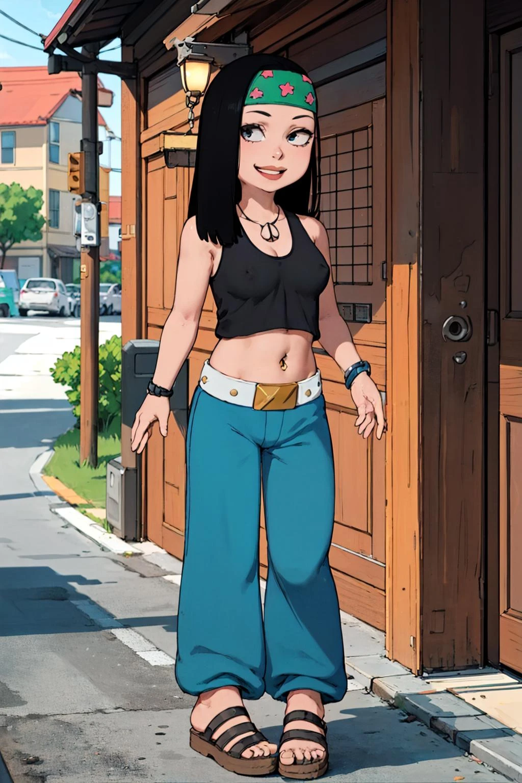 hayley, 1girl, black hair, long hair, solo, necklace, jewelry, tank top, headband, midriff, pants, sandals, belt, navel piercing,looking at viewer, smile, shirt lift, breasts, nipples, <lora:Hayley1.0-000008:0.7>