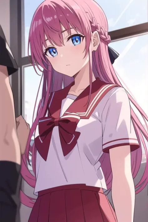 akinaorifushi, <lyco:akinaorifushi-lyco-nochekaiser:1>, 
akina orifushi, long hair, pink hair, blue eyes, hair braid, braid, hair bow, bow,
BREAK skirt, school uniform, serafuku, red sailor collar, red skirt, white shirt, short sleeves,
BREAK looking at viewer,
BREAK indoors, classroom,
BREAK <lyco:GoodHands-beta2:1>, (masterpiece:1.2), best quality, high resolution, unity 8k wallpaper, (illustration:0.8), (beautiful detailed eyes:1.6), extremely detailed face, perfect lighting, extremely detailed CG, (perfect hands, perfect anatomy),