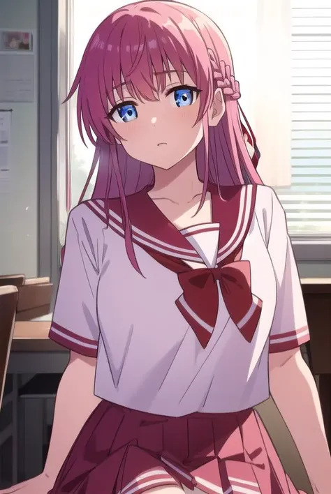 akinaorifushi, <lyco:akinaorifushi-lyco-nochekaiser:1>,
akina orifushi, long hair, pink hair, blue eyes, hair braid, braid, hair bow, bow,
BREAK skirt, school uniform, serafuku, red sailor collar, red skirt, white shirt, short sleeves,
BREAK looking at viewer,
BREAK indoors, classroom,
BREAK <lyco:GoodHands-beta2:1>, (masterpiece:1.2), best quality, high resolution, unity 8k wallpaper, (illustration:0.8), (beautiful detailed eyes:1.6), extremely detailed face, perfect lighting, extremely detailed CG, (perfect hands, perfect anatomy),