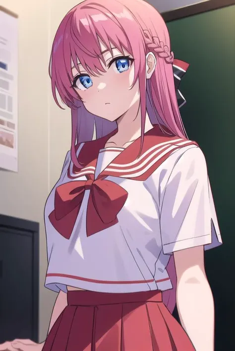 akinaorifushi, <lyco:akinaorifushi-lyco-nochekaiser:1>, 
akina orifushi, long hair, pink hair, blue eyes, hair braid, braid, hair bow, bow,
BREAK skirt, school uniform, serafuku, red sailor collar, red skirt, white shirt, short sleeves,
BREAK looking at viewer,
BREAK indoors, classroom,
BREAK <lyco:GoodHands-beta2:1>, (masterpiece:1.2), best quality, high resolution, unity 8k wallpaper, (illustration:0.8), (beautiful detailed eyes:1.6), extremely detailed face, perfect lighting, extremely detailed CG, (perfect hands, perfect anatomy),