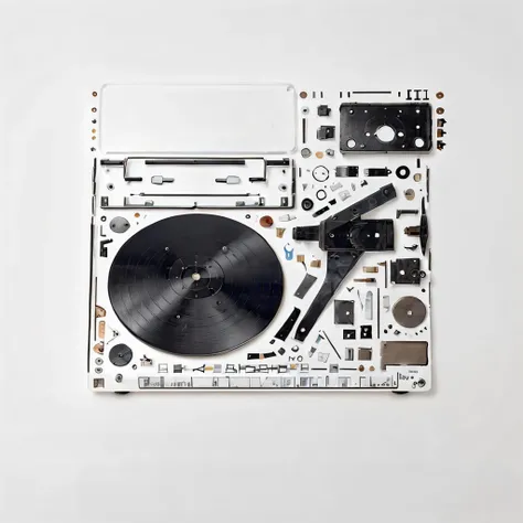 disassemble\(ttp\), <lora:2DFakeDisassemble2D_v10:0.8>, vinyl record player, no humans, simple white background