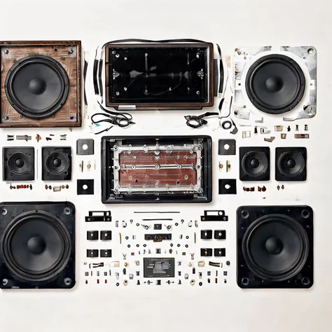 disassemble\(ttp\), <lora:2DFakeDisassemble2D_v10:0.8>, hifi speakers, no humans, simple white background,