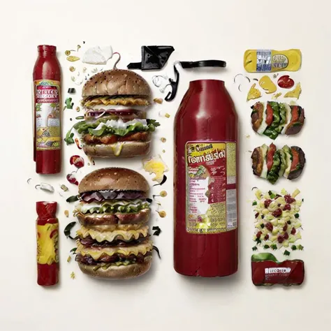 cheeseburger on white background <lyco:dis_V1-000020:1.0> disassembled view. french fries, lettuce, two patties, buns,bacon, cheese, tomato, ketchup, mustard. ketchup packets and mustard packets. detailed hyperreal unreal engine rendering. large pieces.