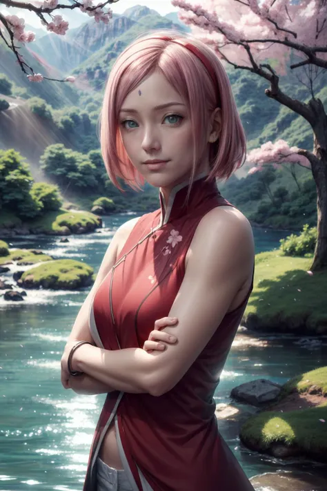 ((masterpiece, best quality, 4k, detailed, realistic)),(highres), perfect body, (extremely detailed face,forest,nature,1girl,solo,upper body,(portrait:1.6),looking at viewer,haruno sakura,forehead mark, red hairband, red sleeveless dress, white pants,navel, groin, bracelet, looking at viewer, crossed arms, smile, cherry blossoms, wind, floating hair, <lora:Sakura[Boruto]V2:0.7>, standing,ninja dress),happy,<lora:age_slider_v6:-1>,looking at viewer, happy,absurdres, narrow hips, thick thighs,fit body,detailed face, detailed background, detailed hair, BREAK  <lora:LORA-XenoDetailer-v3:0.3>, <lora:more_details:1>,(in a forest with river and mountain and a superb atmosphere and with rays of light passing through the leaves of the trees),standing pose, dynamic angle, outdoor,<lora:FantasyForest:0.7>