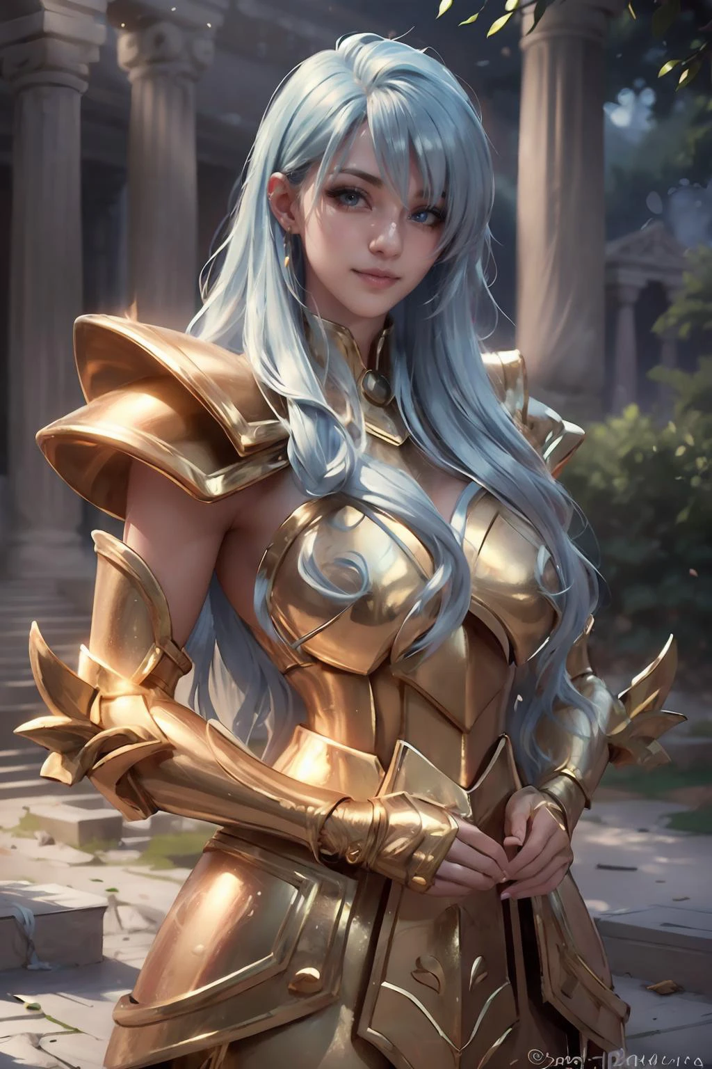 (masterpiece:1.2), (best quality,:1.2), 8k, HDR, ultra detailed, <lora:AdvancedEnhancer:0.75>,((photorealistic:1.3)), professional light, cinematic lighting, fashion photography, ambient lighting, atmospheric effects, <lora:detail_slider_v4:1>, OverallDetail, (the outside of a temple,An ancient greek temple,floor strewn with rose petals, (outdoors:1.5),) background,<lora:TemplesAndChurches:0.7>temple, epiCPhoto, BREAK 
[realistic,beautiful woman,eyelashes, soft makeup,looking at viewer,perfect lighting,(cowboy shot,sexy pose,wide shot),<lora:PiscesArmor:0.7>piscesarmor,wearing golden armor, long blue hair,golden armor, ((realistic ultra detailed Armor)),(shinning armor:1.2),<lora:breastsizeslideroffset:0.2>,fit body], smile, happy face, perfect hands<lora:GoodHands-vanilla:1>, Girl wearing golden armor,best quality,(realistic:1.6)