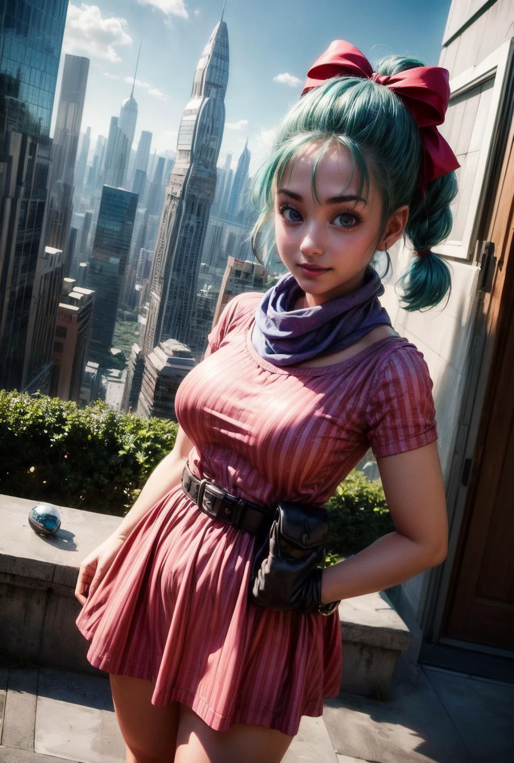 ((masterpiece, best quality, 4k, detailed, realistic)),(highres), perfect body, (a cute young woman,large_breasts, <lora:DB_Bulma_v1:1> bulma, 1girl, solo, blue eyes, blue hair, aqua hair, single braid, braided ponytail, hair ribbon, red ribbon, hair bow, earrings, short dress, pink dress, vertical-striped dress, short sleeves, belt, clothes writing, brown gloves, single glove, purple scarf, smile,closed mouth,cowboy shot, standing),<lora:age_slider_v6:-1>,looking at viewer, smile,absurdres, narrow hips, thick thighs,slim body,detailed face, detailed background, detailed hair, BREAK <lora:LORA-XenoDetailer-v3:0.3>, <lora:more_details:1>,( in a futuristic city with flying cars and skyscrapers of various shapes in background, spherical skyscrapers, cars flying in the sky),standing pose, dynamic angle, outdoor,futurecity, day, (streetview), architecture, a bustling city street,robots and future cars, adding to the lively scene.<lora:cyber:0.4>