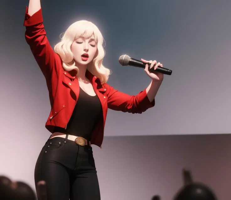 detailed background, solo, ang3l, blonde hair, eyes closed, lips, teeth, singing, holding microphone, red jacket, black shirt, raised head <lora:AngelRR-01-BB95:1>