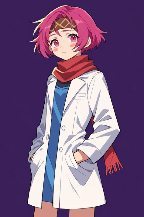 score_9, score_8_up, score_7_up, source anime, 1girl, solo, <lora:NSNeimiFE8:0.8> NSNeimiFE8, short hair, pink eyes, headband, white coat, lab coat, red scarf, blush stickers, hands in pockets, purple background