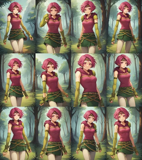 score_9, score_8_up, 1girl, solo, <lora:NSNeimiFE8:1> NSNeimiFE8, short hair, pink eyes, headband, uneven gloves, single pauldron, fingerless gloves, green gloves, single elbow glove, pink hoodie, sleeveless, green skirt, white pants, capri pants, pants under skirt, multiple belts, asymmetrical clothes, outdoors, forest