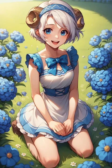 score_9, score_8_up, score_7_up, 1girl, solo, <lora:NSNeimiFE8:0.9>  NSNeimiFE8, short hair, blue eyes, headband, white hair, light blue dress, frilled dress, ribbons, bowtie, flower field, happy, kneeling, blue flowers, sheep horns,