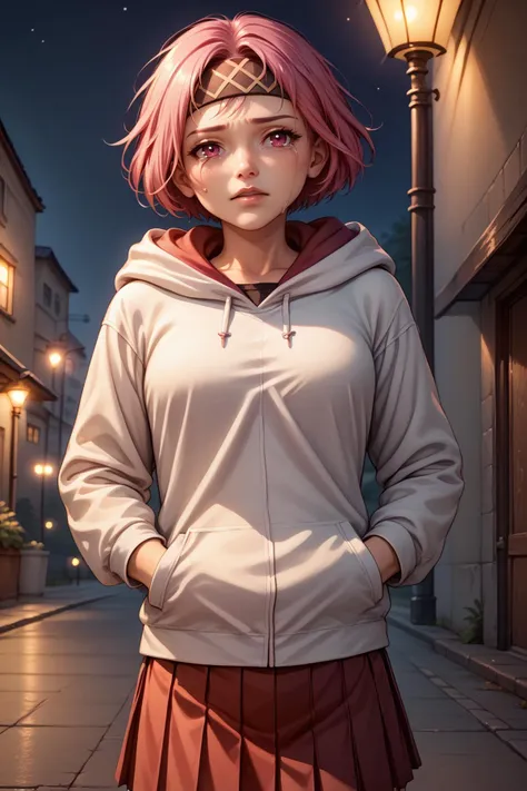 score_9, score_8_up, 1girl, solo, <lora:NSNeimiFE8:0.8> NSNeimiFE8, short hair, pink eyes, headband, white hoodie, hands in pockets, pleated skirt, red skirt, night, dark, crying