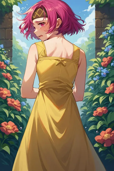 score_9, score_8_up, score_7_up, source anime, 1girl, solo, <lora:NSNeimiFE8:1> NSNeimiFE8, short hair, pink eyes, headband, yellow sundress, from behind, garden, looking back, flying teardrops, crying