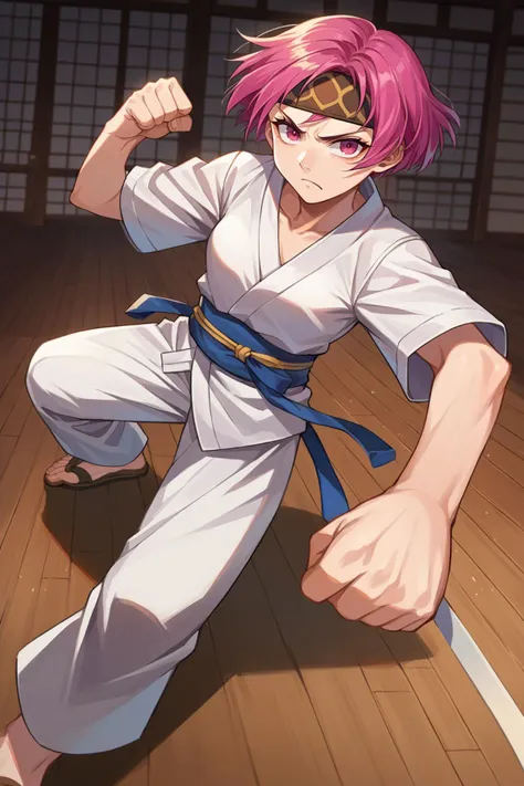 score_9, score_8_up, score_7_up, source anime, 1girl, solo, <lora:NSNeimiFE8:0.8> NSNeimiFE8, short hair, pink eyes, headband, karate gi, dojo, wooden floor, fighting stance, serious face